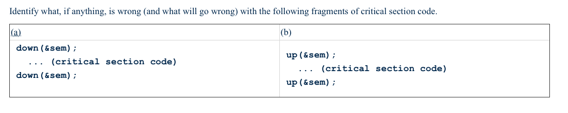 Identify what, if anything, is wrong (and what will go wrong) with the following fragments of critical section code.
(b)
(a)
down (&sem) ;
(critical section code)
down (&sem) ;
up (&sem) ;
(critical section code)
up (&sem);