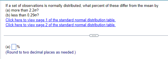 If a set of observations is normally distributed, what percent of these differ from the mean by
(a) more than 2.20?
(b) less than 0.290?
Click here to view page 1 of the standard normal distribution table.
Click here to view page 2 of the standard normal distribution table.
(Round to two decimal places as needed.)