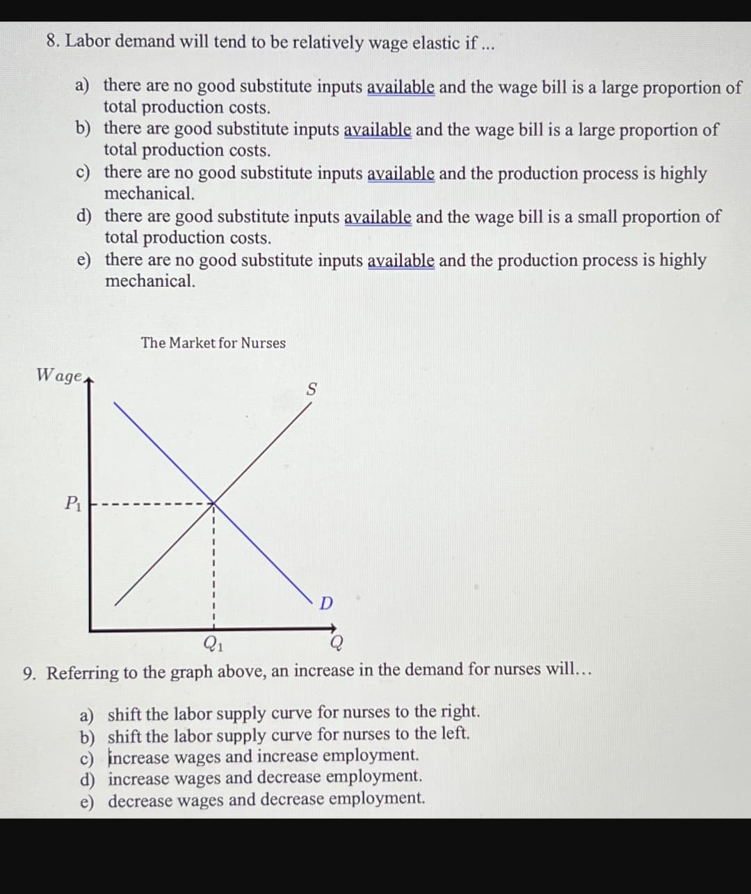 8. Labor demand will tend to be relatively wage elastic if...
a) there are no good substitute inputs available and the wage bill is a large proportion of
total production costs.
b) there are good substitute inputs available and the wage bill is a large proportion of
total production costs.
c) there are no good substitute inputs available and the production process is highly
mechanical.
d) there are good substitute inputs available and the wage bill is a small proportion of
total production costs.
e) there are no good substitute inputs available and the production process is highly
mechanical.
Wage.
The Market for Nurses.
P₁
S
D
9. Referring to the graph above, an increase in the demand for nurses will...
a) shift the labor supply curve for nurses to the right.
b) shift the labor supply curve for nurses to the left.
c) increase wages and increase employment.
d) increase wages and decrease employment.
decrease wages and decrease employment.