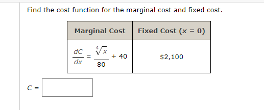 Find the cost function for the marginal cost and fixed cost.
Marginal Cost Fixed Cost (x = 0)
C =
dC
+ 40
$2,100
dx
80
