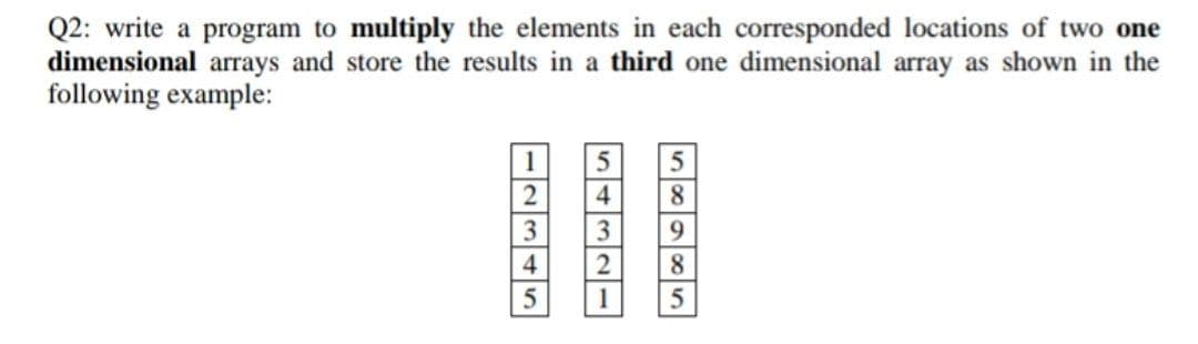 Q2: write a program to multiply the elements in each corresponded locations of two one
dimensional arrays and store the results in a third one dimensional array as shown in the
following example:
5
8.
1
4
3
9.
4.
8.
1
