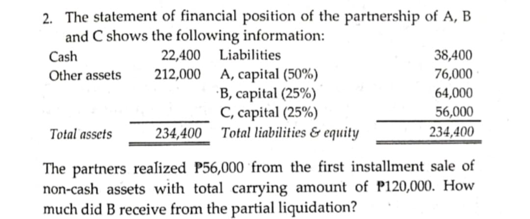 2. The statement of financial position of the partnership of A, B
and C shows the following information:
22,400 Liabilities
Cash
38,400
212,000 A, capital (50%)
B, capital (25%)
C, capital (25%)
234,400 Total liabilities & equity
Other assets
76,000
64,000
56,000
Total assets
234,400
The partners realized P56,000 from the first installment sale of
non-cash assets with total carrying amount of P120,000. How
much did B receive from the partial liquidation?
