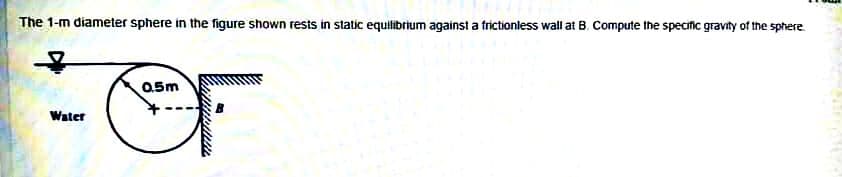 The 1-m diameter sphere in the figure shown rests in static equilibrium against a frictioniess wallat B. Compute the speciic gravity of the sphere.
0.5m
Water
