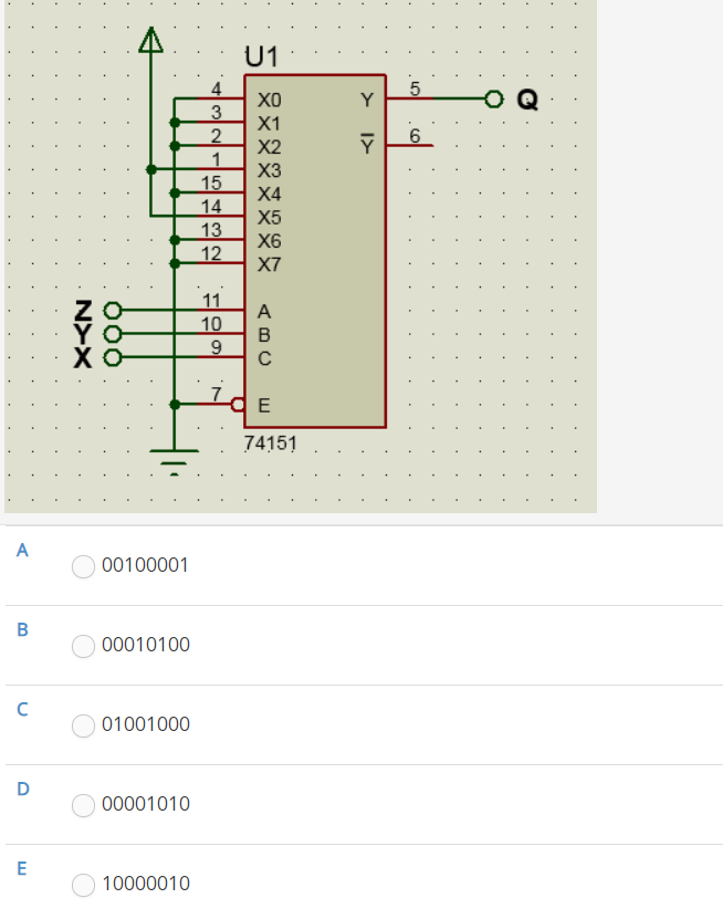 U1
4
X0
Y
X1
2
1
15
14
13
12
6
X2
X3
X4
X5
X6
X7
11
A
10
хо
7
E
74151
A
00100001
B
00010100
01001000
00001010
10000010
I>
N>X
