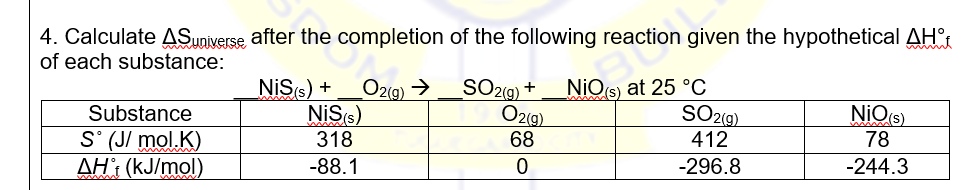 4. Calculate ASuniverse after the completion of the following reaction given the hypothetical AH°
of each substance:
NiSs) +
Substance
S' (J/ mol.K)
AH (kJ/mol)
O2(9) →
NiSs)
318
SO2(g) +
O2(9)
68
NiOs) at 25 °C
SO2(9)
412
NiOs)
78
-88.1
-296.8
-244.3
