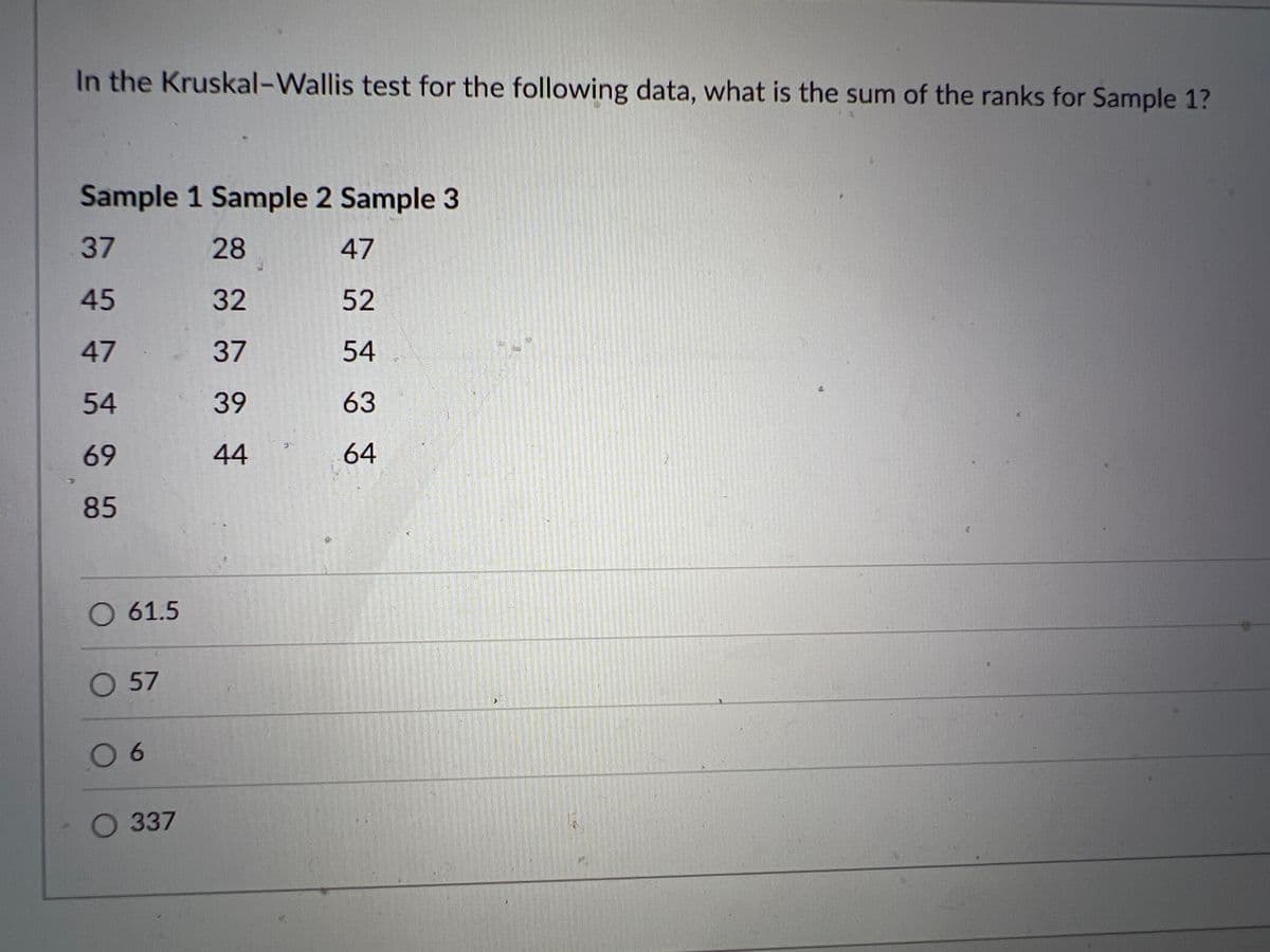 In the Kruskal-Wallis test for the following data, what is the sum of the ranks for Sample 1?
Sample 1 Sample 2 Sample 3
37
28
47
45
32
52
47
37
54
54
39
63
69
44
85
O 61.5
O 57
06
O 337
9
I
64