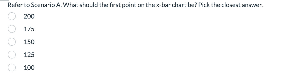 Refer to Scenario A. What should the first point on the x-bar chart be? Pick the closest answer.
200
175
150
125
100