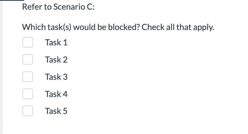 Refer to Scenario C:
Which task(s) would be blocked? Check all that apply.
Task 1
Task 2
Task 3
Task 4
☐ Task 5