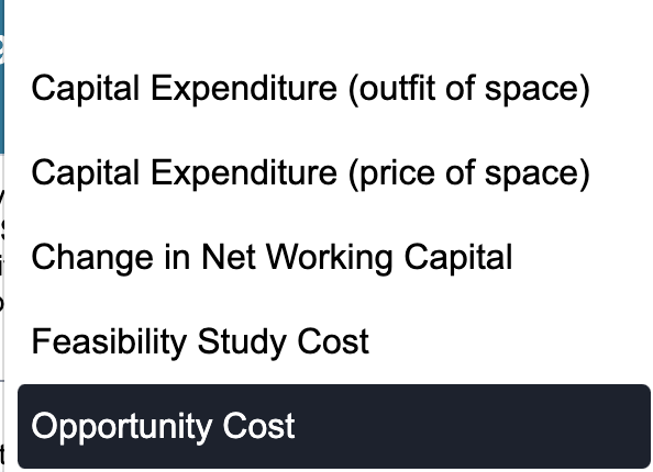 Capital Expenditure (outfit of space)
Capital Expenditure (price of space)
Change in Net Working Capital
Feasibility Study Cost
Opportunity Cost