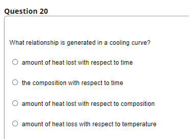 Question 20
What relationship is generated in a cooling curve?
amount of heat lost with respect to time
the composition with respect to time
O amount of heat lost with respect to composition
O amount of heat loss with respect to temperature
