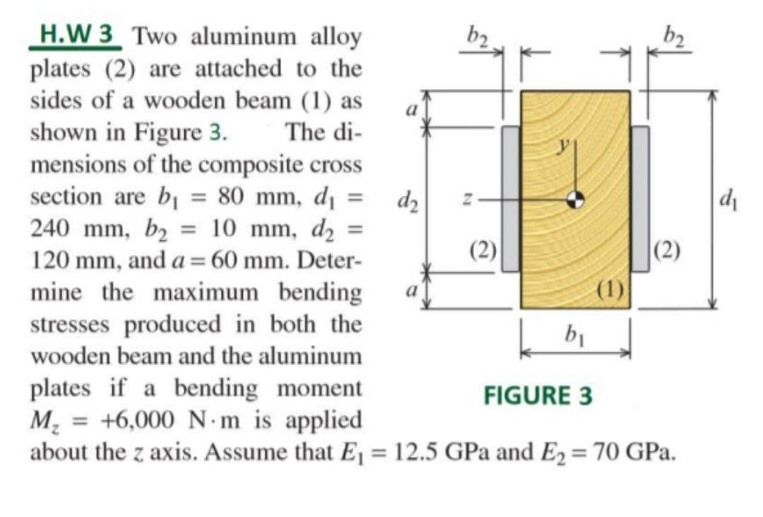 H.W 3 Two aluminum alloy
plates (2) are attached to the
sides of a wooden beam (1) as
shown in Figure 3.
mensions of the composite cross
section are b = 80 mm, di
240 mm, b2 = 10 mm, d2
b2
b2
The di-
d2
di
%3D
120 mm, and a = 60 mm. Deter-
(2)
|(2)
(1)
mine the maximum bending
stresses produced in both the
wooden beam and the aluminum
a
plates if a bending moment
M = +6,000 N.m is applied
about the z axis. Assume that Ej =12.5 GPa and E2 = 70 GPa.
FIGURE 3
