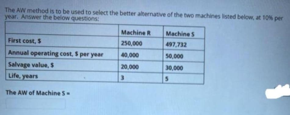 The AW method is to be used to select the better alternative of the two machines listed below, at 10% per
year. Answer the below questions:
Machine R
Machine S
First cost, $
250,000
497,732
Annual operating cost, $ per year
40,000
50,000
Salvage value, $
Life, years
20,000
30,000
3.
5.
The AW of Machine S=

