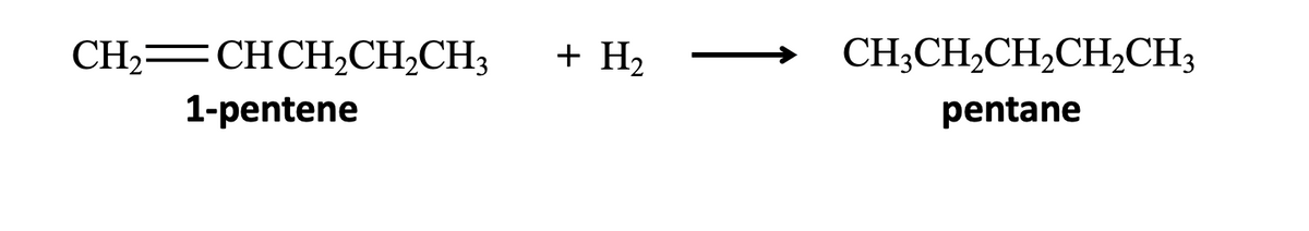 CH2=CHCH,CH,CH3
1-pentene
+ H₂
CH3CH₂CH₂CH₂CH3
pentane