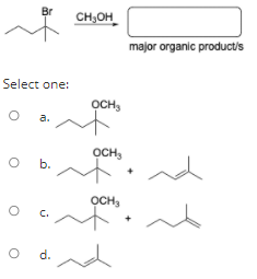 Br
CH,OH_
major organic product/s
Select one:
OCH,
a,
осн,
b.
OCH,
C.
d.
