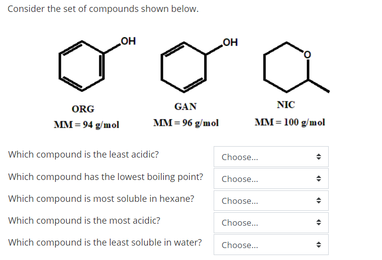 Consider the set of compounds shown below.
он
OH
ORG
GAN
NIC
MM = 94 g/mol
MM = 96 g/mol
MM= 100 g/mol
Which compound is the least acidic?
Choose...
Which compound has the lowest boiling point?
Choose...
Which compound is most soluble in hexane?
Choose...
Which compound is the most acidic?
Choose...
Which compound is the least soluble in water?
Choose...
