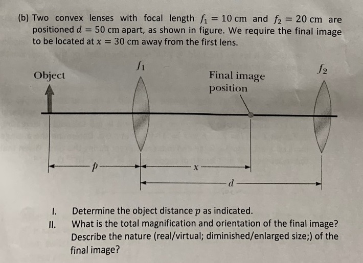 (b) Two convex lenses with focal length f₁ = 10 cm and f2 = 20 cm are
positioned d = 50 cm apart, as shown in figure. We require the final image
to be located at x = 30 cm away from the first lens.
fi
Object
I.
II.
-p-
Final image
position
√2
Determine the object distance p as indicated.
What is the total magnification and orientation of the final image?
Describe the nature (real/virtual; diminished/enlarged size;) of the
final image?