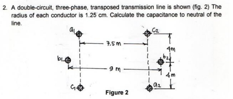 2. A double-circuit, three-phase, transposed transmission line is shown (fig. 2) The
radius of each conductor is 1.25 cm. Calculate the capacitance to neutral of the
line.
bL
ai
7.5m
9m
Figure 2
1
Cz
4m
4m
292 ✓