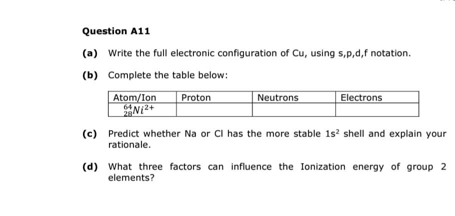 Question A11
(a) Write the full electronic configuration of Cu, using s, p,d,f notation.
(b) Complete the table below:
Atom/Ion
Ni²+
284
Proton
Neutrons
Electrons
(c) Predict whether Na or Cl has the more stable 1s² shell and explain your
rationale.
(d) What three factors can influence the Ionization energy of group 2
elements?