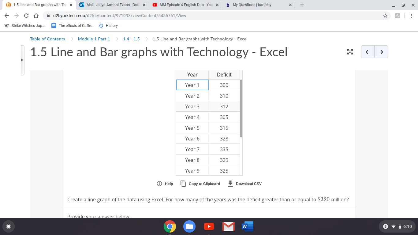 B 1.5 Line and Bar graphs with Tec x
O Mail - Jaiya Armani Evans - Outl x
O MM Episode 4 English Dub - You x
b My Questions | bartleby
A d2l.yorktech.edu/d2l/le/content/971993/viewContent/5455761/View
W Strike Witches Jap.
E The effects of Caffe.
O History
> Module 1 Part 1
1.4 - 1.5
> 1.5 Line and Bar graphs with Technology - Excel
>
Table of Contents
1.5 Line and Bar graphs with Technology - Excel
Year
Deficit
Year 1
300
Year 2
310
Year 3
312
Year 4
305
Year 5
315
Year 6
328
Year 7
335
Year 8
329
Year 9
325
O Help
IN Copy to Clipboard
Download CSv
Create a line graph of the data using Excel. For how many of the years was the deficit greater than or equal to $320 million?
Provide vour answer below:
3
v i 6:10
