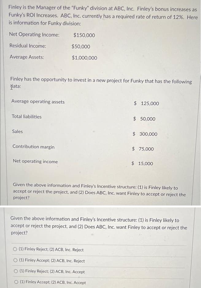 Finley is the Manager of the "Funky" division at ABC, Inc. Finley's bonus increases as
Funky's ROI Increases. ABC, Inc. currently has a required rate of return of 12%. Here
is information for Funky division:
Net Operating Income:
$150,000
Residual Income:
$50,000
Average Assets:
$1,000,000
Finley has the opportunity to invest in a new project for Funky that has the following
pata:
Average operating assets
$ 125,000
Total liabilities
$ 50,000
Sales
$ 300,000
Contribution margin
$ 75,000
Net operating income
$ 15,000
Given the above information and Finley's Incentive structure: (1) is Finley likely to
accept or reject the project, and (2) Does ABC, Inc. want Finley to accept or reject the
project?
Given the above information and Finley's Incentive structure: (1) is Finley likely to
accept or reject the project, and (2) Does ABC, Inc. want Finley to accept or reject the
project?
O (1) Finley Reject; (2) ACB, Inc. Reject
O (1) Finley Accept: (2) ACB, Inc. Reject
O (1) Finley Reject; (2) ACB, Inc. Accept
O (1) Finley Accept; (2) ACB, Inc. Accept
