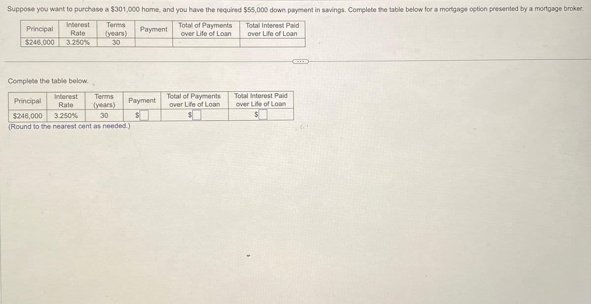 Suppose you want to purchase a $301,000 home, and you have the required $55,000 down payment in savings. Complete the table below for a mortgage option presented by a mortgage broker.
Total of Payments
over Life of Loan
Total Interest Paid
over Life of Loan
Principal
Interest
Rate
$246,000 3.250%
Complete the table below.
Interest
Rate
Terms
(years)
30
Terms
(years)
30
Payment
Principal
$246,000 3.250%
(Round to the nearest cent as needed.)
Payment
$
Total of Payments
over Life of Loan
$
Total Interest Paid
over Life of Loan
$