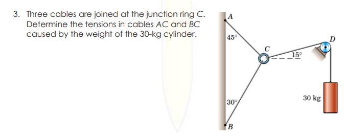 3. Three cables are joined at the junction ring C.
Determine the tensions in cables AC and BC
caused by the weight of the 30-kg cylinder.
A
45°
30%
B
15⁰
30 kg