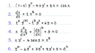 I (1-x) y"- 4x y't 5x = cos x
2 * + tx°= 0
3. t$ yl4) _t° y" +64 = 0
4. X
dx²
+ y = 0
5. x y' - 4 seny = x2
6. y" - 6y" + 3y"t 2y't y = e*
