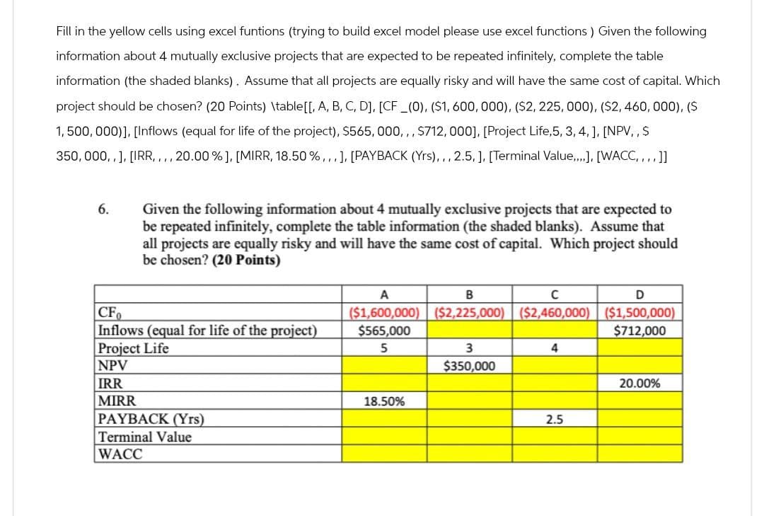 Fill in the yellow cells using excel funtions (trying to build excel model please use excel functions) Given the following
information about 4 mutually exclusive projects that are expected to be repeated infinitely, complete the table
information (the shaded blanks). Assume that all projects are equally risky and will have the same cost of capital. Which
project should be chosen? (20 Points) \table[[, A, B, C, D], [CF (0), ($1,600, 000), ($2, 225, 000), ($2, 460,000), ($
1,500,000)], [Inflows (equal for life of the project), $565,000,,, $712,000], [Project Life,5,3,4,], [NPV,, $
350,000,,], [IRR,,,, 20.00%], [MIRR, 18.50%,..], [PAYBACK (Yrs),,, 2.5,], [Terminal Value,,,,], [WACC,,,,]]
6.
Given the following information about 4 mutually exclusive projects that are expected to
be repeated infinitely, complete the table information (the shaded blanks). Assume that
all projects are equally risky and will have the same cost of capital. Which project should
be chosen? (20 Points)
CF
Inflows (equal for life of the project)
Project Life
A
B
C
($1,600,000) ($2,225,000) ($2,460,000) ($1,500,000)
$565,000
$712,000
D
5
3
4
NPV
$350,000
IRR
20.00%
MIRR
18.50%
PAYBACK (Yrs)
Terminal Value
WACC
2.5