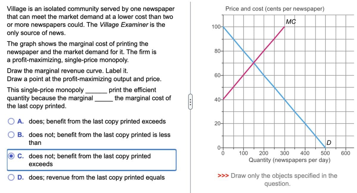 Village is an isolated community served by one newspaper
that can meet the market demand at a lower cost than two
or more newspapers could. The Village Examiner is the
only source of news.
The graph shows the marginal cost of printing the
newspaper and the market demand for it. The firm is
a profit-maximizing, single-price monopoly.
Draw the marginal revenue curve. Label it.
100-
80-
60-
Draw a point at the profit-maximizing output and price.
print the efficient
the marginal cost of
40-
This single-price monopoly.
quantity because the marginal
the last copy printed.
A. does; benefit from the last copy printed exceeds
B. does not; benefit from the last copy printed is less
than
C. does not; benefit from the last copy printed
exceeds
D. does; revenue from the last copy printed equals
20-
Price and cost (cents per newspaper)
0-
0
100
MC
200
300
D
400 500
600
Quantity (newspapers per day)
>>> Draw only the objects specified in the
question.