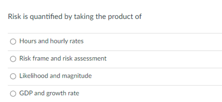 Risk is quantified by taking the product of
Hours and hourly rates
Risk frame and risk assessment
O Likelihood and magnitude
GDP and growth rate