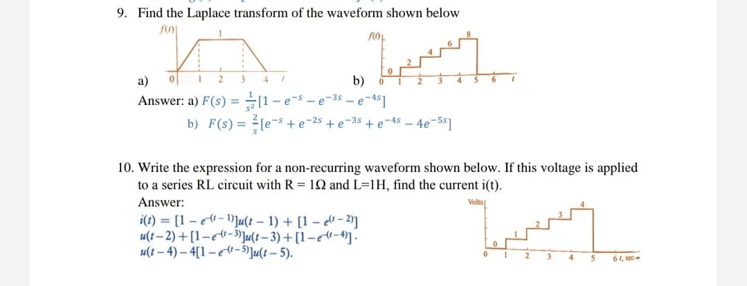 9. Find the Laplace transform of the waveform shown below
a)
b)
Answer: a) F(s) =[1- e-s - e-3s - e-1$]
b) F(s) = [e¬s + e-25 + e-3$ + e-4s - 4e-5s1
%3D
