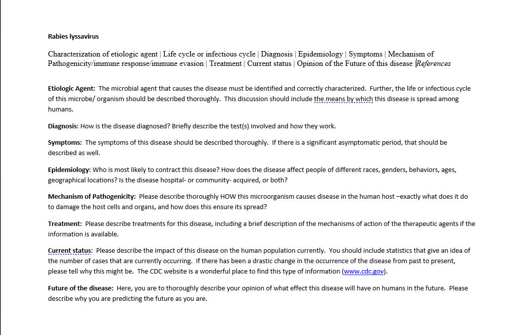 Rabies lyssavirus
Characterization of etiologic agent | Life cycle or infectious cycle | Diagnosis | Epidemiology | Symptoms Mechanism of
Pathogenicity/immune response/immune evasion | Treatment | Current status | Opinion of the Future of this disease References
Etiologic Agent: The microbial agent that causes the disease must be identified and correctly characterized. Further, the life or infectious cycle
of this microbe/ organism should be described thoroughly. This discussion should include the means by which this disease is spread among
humans.
Diagnosis: How is the disease diagnosed? Briefly describe the test(s) involved and how they work.
Symptoms: The symptoms of this disease should be described thoroughly. If there is a significant asymptomatic period, that should be
described as well.
Epidemiology: Who is most likely to contract this disease? How does the disease affect people of different races, genders, behaviors, ages,
geographical locations? Is the disease hospital- or community- acquired, or both?
Mechanism of Pathogenicity: Please describe thoroughly HOW this microorganism causes disease in the human host-exactly what does it do
to damage the host cells and organs, and how does this ensure its spread?
Treatment: Please describe treatments for this disease, including a brief description of the mechanisms of action of the therapeutic agents if the
information is available.
Current status: Please describe the impact of this disease on the human population currently. You should include statistics that give an idea of
the number of cases that are currently occurring. If there has been a drastic change in the occurrence of the disease from past to present,
please tell why this might be. The CDC website is a wonderful place to find this type of information (www.cdc.gov).
Future of the disease: Here, you are to thoroughly describe your opinion of what effect this disease will have on humans in the future. Please
describe why you are predicting the future as you are.