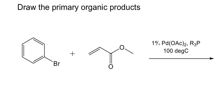 Draw the primary organic products
1% Pd(OAc)2, R3P
100 degC
+
Br
