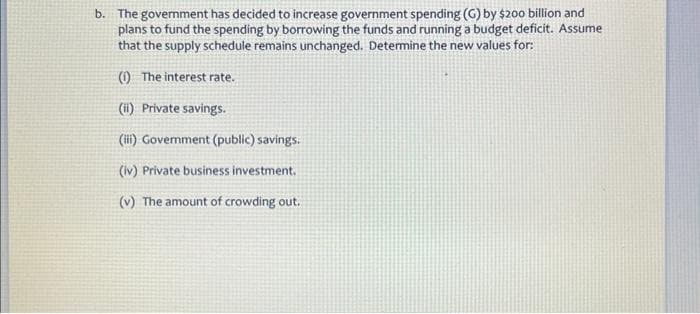 b. The government has decided to increase government spending (G) by $200 billion and
plans to fund the spending by borrowing the funds and running a budget deficit. Assume
that the supply schedule remains unchanged. Determine the new values for:
(1) The interest rate.
(ii) Private savings.
(iii) Government (public) savings.
(iv) Private business investment.
(v) The amount of crowding out.
