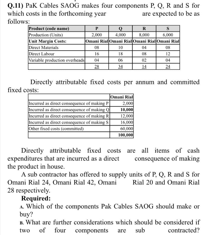 Q.11) Pak Cables SAOG makes four components P, Q, R and S for
which costs in the forthcoming year
are expected to be as
follows:
Product (code name)
Production (Units)
Unit Margin Costs:
Direct Materials
Direct Labour
Variable production overheads
P
R
S
2,000
4,000
8,000
6,000
Omani Rial Omani Rial Omani Rial Omani Rial
08
10
04
08
16
18
08
12
04
06
02
04
28
34
14
24
Directly attributable fixed costs per annum and committed
fixed costs:
Incurred as direct consequence of making P
Incurred as direct consequence of making Q
Incurred as direct consequence of making R
Incurred as direct consequence of making S
Other fixed costs (committed)
Omani Rial
2,000
10,000
12,000
16,000
60,000
100,000
Directly attributable fixed costs are all items of cash
expenditures that are incurred as a direct
the product in house.
A sub contractor has offered to supply units of P, Q, R and S for
Omani Rial 24, Omani Rial 42, Omani
28 respectively.
Required:
A. Which of the components Pak Cables SAOG should make or
buy?
B. What are further considerations which should be considered if
consequence of making
Rial 20 and Omani Rial
two
of
four
components
are
sub
contracted?
