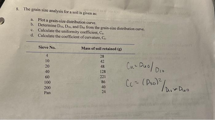 8. The grain size analysis for a soil is given as:
asso
a. Plot a grain-size distribution curve.
b. Determine D10, D30, and D60 from the grain-size distribution curve.
c. Calculate the uniformity coefficient, Co.
d. Calculate the coefficient of curvature, Co
Sieve No.
4
10
20
40
60
100
200
Pan
Mass of soil retained (g)
28
42
48
128
221
86
40
24
Cu= Duo / Dio
(c = (P30)²
2²/D₁x Duo