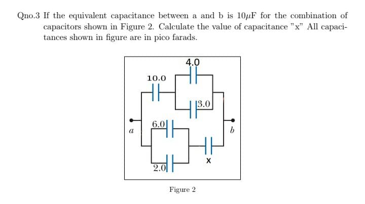 Qno.3 If the equivalent capacitance between a and b is 104F for the combination of
capacitors shown in Figure 2. Calculate the value of capacitance "x" All capaci-
tances shown in figure are in pico farads.
4.0
10.0
13.0
6.0|
2.0
Figure 2
