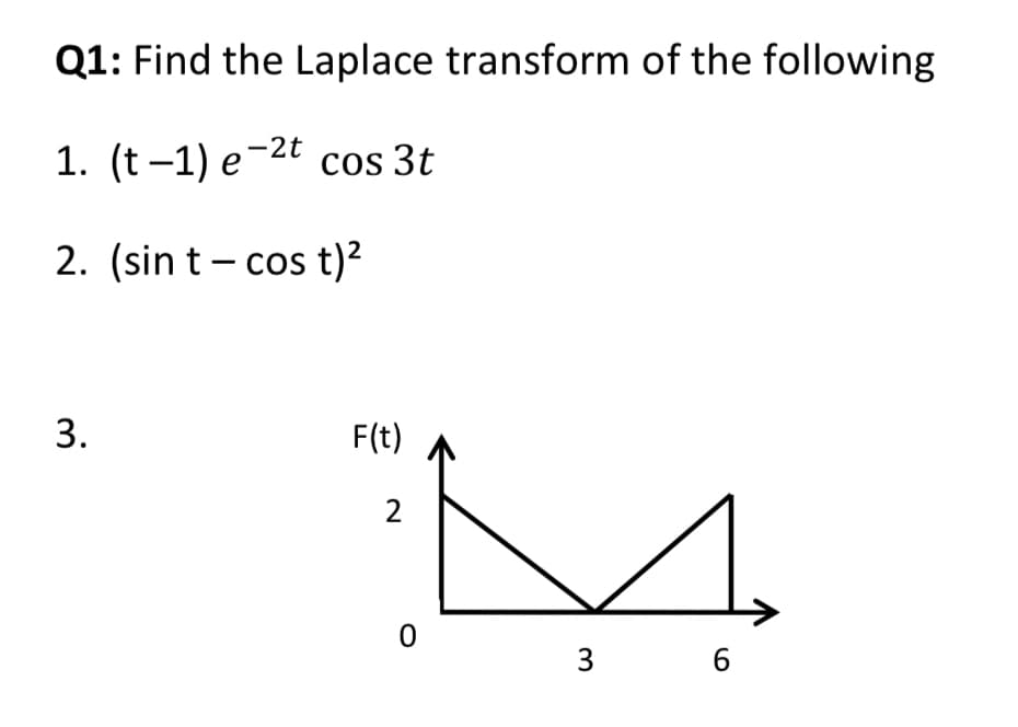 Q1: Find the Laplace transform of the following
1. (t–1) e-2t cos 3t
2. (sin t – cos t)?
F(t)
2
3
3.
