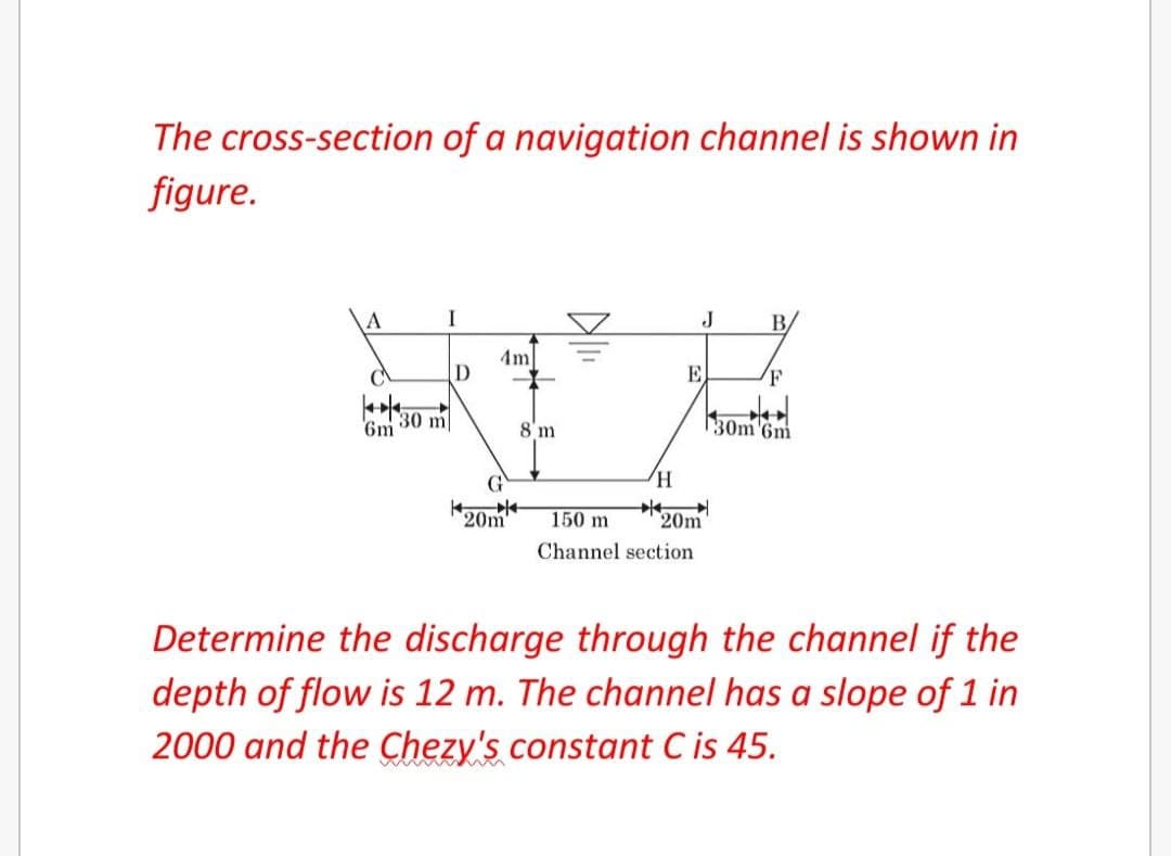 The cross-section of a navigation channel is shown in
figure.
A
I
J
B/
4m
D
E
F
30 m
30m'6m
6m
8'm
*20m
150 m
20m
Channel section
Determine the discharge through the channel if the
depth of flow is 12 m. The channel has a slope of 1 in
2000 and the Chezy's constant C is 45.
