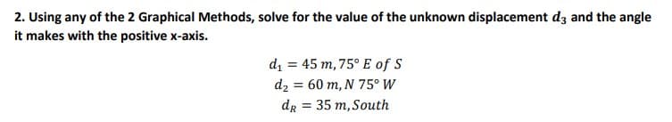 2. Using any of the 2 Graphical Methods, solve for the value of the unknown displacement dz and the angle
it makes with the positive x-axis.
di = 45 m, 75° E of S
d2 = 60 m, N 75° W
dr =
= 35 m, South
