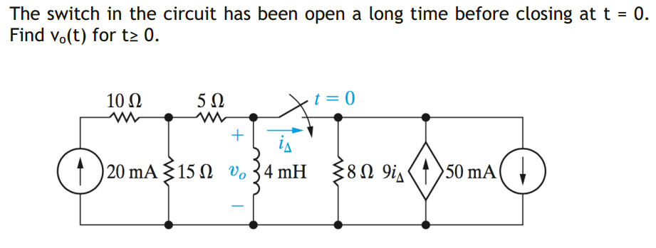 The switch in the circuit has been open a long time before closing at t = 0.
Find vo(t) for t2 0.
10 Ω
- t = 0
+
is
1 20 mA {15 N v. 34 mH
50 mA
