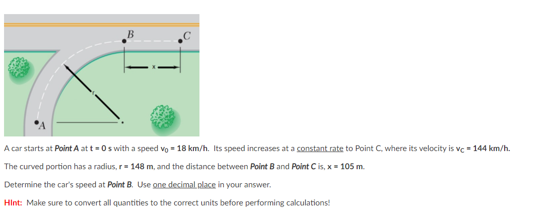 A car starts at Point A at t = 0 s with a speed vo = 18 km/h. Its speed increases at a constant rate to Point C, where its velocity is vc = 144 km/h.
The curved portion has a radius, r= 148 m, and the distance between Point B and Point C is, x = 105 m.
Determine the car's speed at Point B. Use one decimal place in your answer.
HInt: Make sure to convert all quantities to the correct units before performing calculations!
