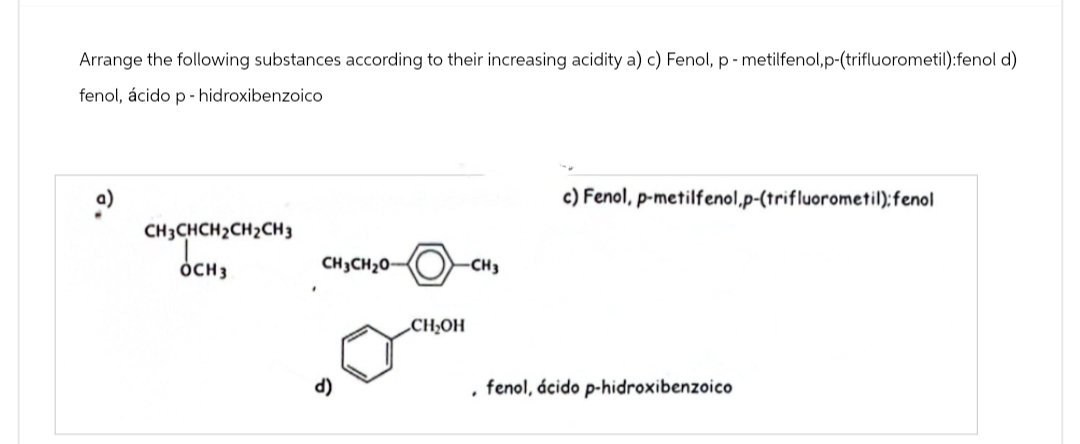 Arrange the following substances according to their increasing acidity a) c) Fenol, p-metilfenol,p-(trifluorometil):fenol d)
fenol, ácido p hidroxibenzoico
CH3CHCH2CH2CH3
OCH3
CH3CH2O-
CH₂OH
CH3
c) Fenol, p-metilfenol,p-(trifluorometil): fenol
fenol, ácido p-hidroxibenzoico