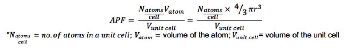 Natoms Vatom
cell
Natoms X 4/3 Tr3
cell
APF =
Vunit cell
Vunit cell
= volume of the atom; Vunit ceu= volume of the unit cell
*Natoms = no.of atoms in a unit cell; Vatom
cell
