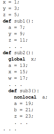 X
x = 1;
y = 3;
z = 5;
def subl ():
a = 7;
y = 9;
Z = 11;
def sub2 ():
global X;
= 13;
= = 15;
W = 17;
a
TƯ X
def sub3 ():
nonlocal
a = 19;
b = 21;
z = 23;
a;