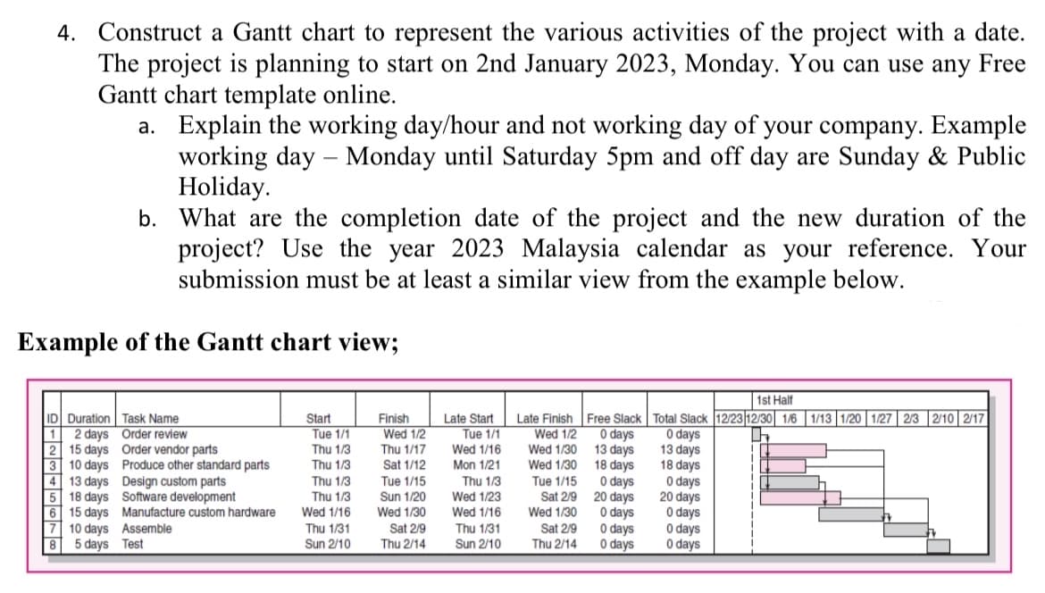 4. Construct a Gantt chart to represent the various activities of the project with a date.
The project is planning to start on 2nd January 2023, Monday. You can use any Free
Gantt chart template online.
a.
Explain the working day/hour and not working day of your company. Example
working day - Monday until Saturday 5pm and off day are Sunday & Public
Holiday.
Example of the Gantt chart view;
ID Duration
1 2 days
15 days
2
3 10 days
4
5
6
13 days
18 days
15 days
b. What are the completion date of the project and the new duration of the
project? Use the year 2023 Malaysia calendar as your reference. Your
submission must be at least a similar view from the example below.
7 10 days
8
5 days
Task Name
Order review
Order vendor parts
Produce other standard parts
Design custom parts
Software development
Manufacture custom hardware
Assemble
Test
Start
Tue 1/1
Thu 1/3
Thu 1/3
Thu 13
Thu 1/3
Wed 1/16
Thu 1/31
Sun 2/10
Finish
Wed 1/2
Thu 1/17
Sat 1/12
Tue 1/15
Sun 1/20
Wed 1/30
Sat 2/9
Thu 2/14
Late Start
Tue 1/1
Wed 1/16
Mon 1/21
Thu 1/3
Wed 1/23
Wed 1/16
Thu 1/31
Sun 2/10
Late Finish
Wed 1/2
Wed 1/30
Wed 1/30
Tue 1/15
Sat 2/9
Wed 1/30
Sat 2/9
Thu 2/14
1st Half
Free Slack Total Slack 12/23/12/30 1/6 1/13 1/20 1/27 2/3 2/10 2/17
0 days
13 days
18 days
0 days
20 days
0 days
0 days
0 days
0 days
13 days
18 days
0 days
20 days
0 days
0 days
0 days
1.