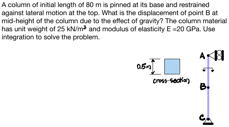 A column of initial length of 80 m is pinned at its base and restrained
against lateral motion at the top. What is the displacement of point B at
mid-height of the column due to the effect of gravity? The column material
has unit weight of 25 kN/m³ and modulus of elasticity E =20 GPa. Use
integration to solve the problem.
0.5m
✓
cross-section
A
←
B.
A