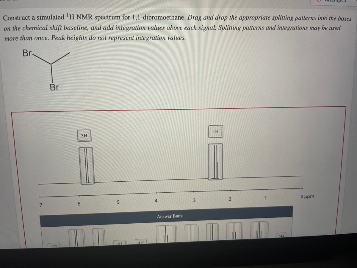 Construct a simulated 'H NMR spectrum for 1,1-dibromoethane. Drag and drop the appropriate splitting patterns into the boxes
on the chemical shift baseline, and add integration values above each signal. Splitting patterns and integrations may be used
more than once. Peak heights do not represent integration values.
Br
Br
1H
3H
O ppm
4
3
Answer Bank
