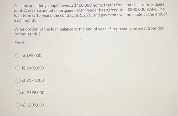 Assume an elderly couple owns a $400,000 home that is free and clear of mortgage
debt. A reverse annuity mortgage (RAM) lender has agreed to a $300,000 RAM. The
loan term is 15 years, the contract is 5.25%, and payments will be made at the end of
each month.
What portion of the loan balance at the end of year 15 represents interest (rounded
to thousands)?
Excel
a) $95,000
Ob) $102,000
c) $174,000
d) $198,000
e) $205,000