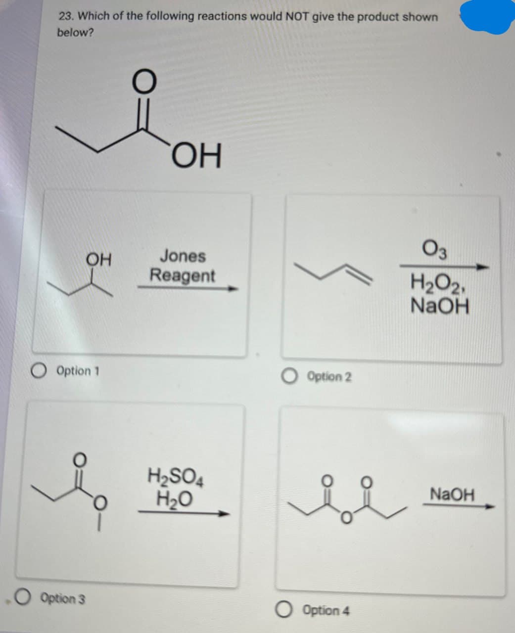 23. Which of the following reactions would NOT give the product shown
below?
OH
OH
Jones
Reagent
Option 1
O Option 2
03
H₂O2,
NaOH
H2SO4
H₂O
ii
NaOH
O Option 3
O Option 4